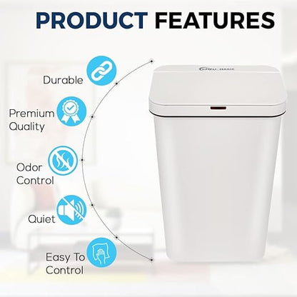 SIMPLI-MAGIC 79502 13 Gallon Touchless Sensor Trash Can, Rectangle Garbage Bin, Perfect for Home, Kitchen, Office, White