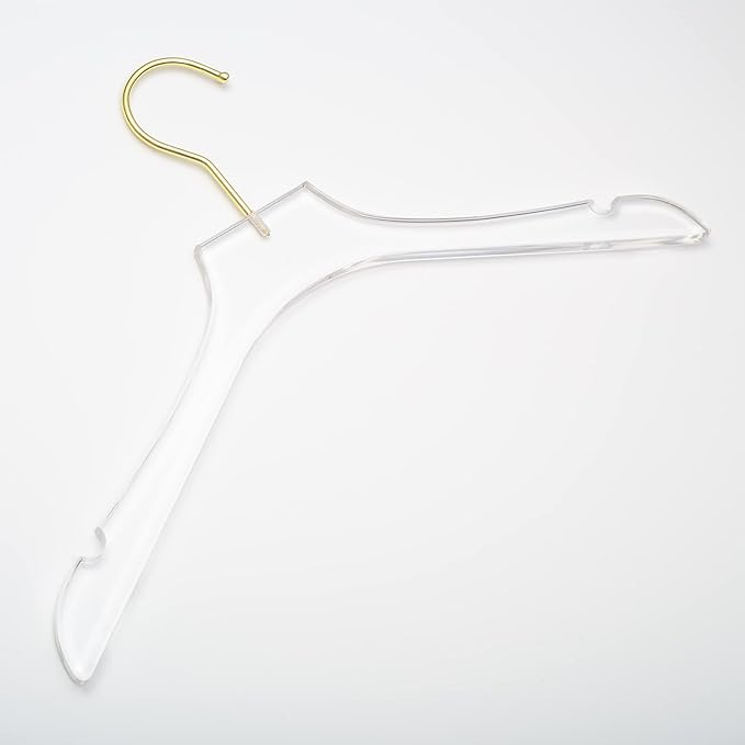 HomeCube USA Clear Acrylic Clothes Hanger with Gold Hooks – Heavy Duty Lucite Closet Organizer, Elegant & Sturdy for Shirts, Dresses, Coats, Suits & Boutique Use (20, Large 17")