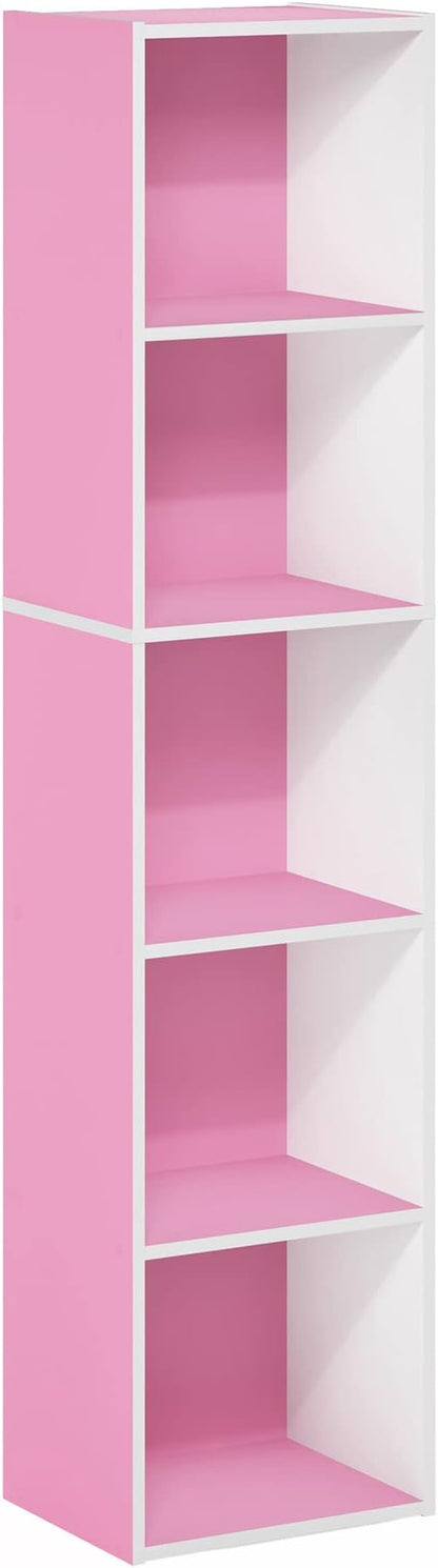 Furinno PASIR Book Shelf, 5-Tier Modern Bookshelf, Open Shelves Bookcase 9 x 12 x 52, for Living Room, Bedroom, Home Office, Pink/White