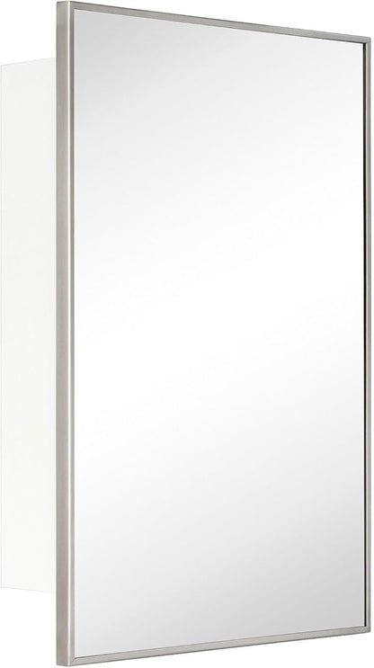 TEHOME 17.5'' x 29'' Brushed Nickel Recessed and Surface Mount Bathroom Medicine Cabinet with Mirror Square Cornered Metal Framed Rounded Rectangle Medicine Cabinet Mirror
