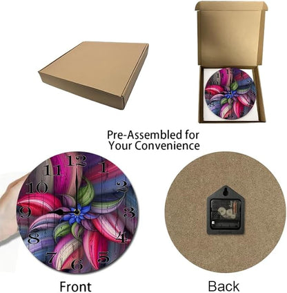 Colorful Flowers Wall Clock 10 Inch Wooden Battery Operated Autumn Forest Maple Leaves Wall Clocks Decorative Indoor,Decorative for Kitchen Bathroom Bedroom