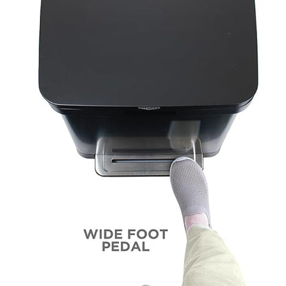 Clorox 13 Gallon Trash Can - 50L Kitchen Trash Can with Wide Step Pedal - Rectangular Black Stainless Garbage Bin with Hinged Rim and Odor Protection