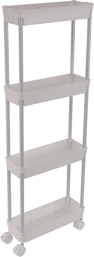 Sooyee 4 Tier Slim Storage Cart Mobile Shelving Unit Organizer Slide Out Storage Rolling Utility Cart Tower Rack for Kitchen Bathroom Laundry Narrow Places, Plastic & Stainless Steel, White