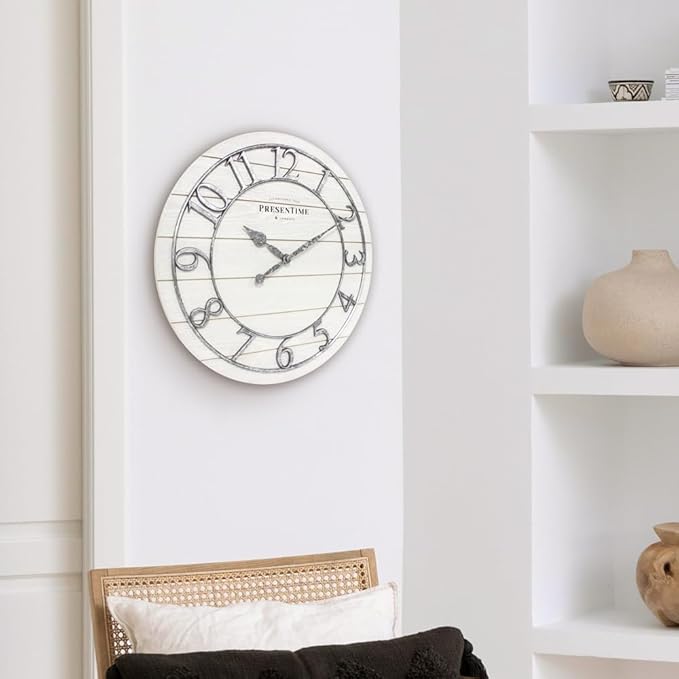 Presentime & Co Classic Farmhouse Shiplap Clock, 19.5 inch, Galvanized Finish Arabic Numerals with White Shiplap Style. Large Farmhouse Decor for Living Room, Entryway, Home Office. Wall Décor