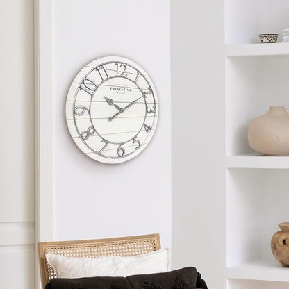 Presentime & Co Classic Farmhouse Shiplap Clock, 19.5 inch, Galvanized Finish Arabic Numerals with White Shiplap Style. Large Farmhouse Decor for Living Room, Entryway, Home Office. Wall Décor