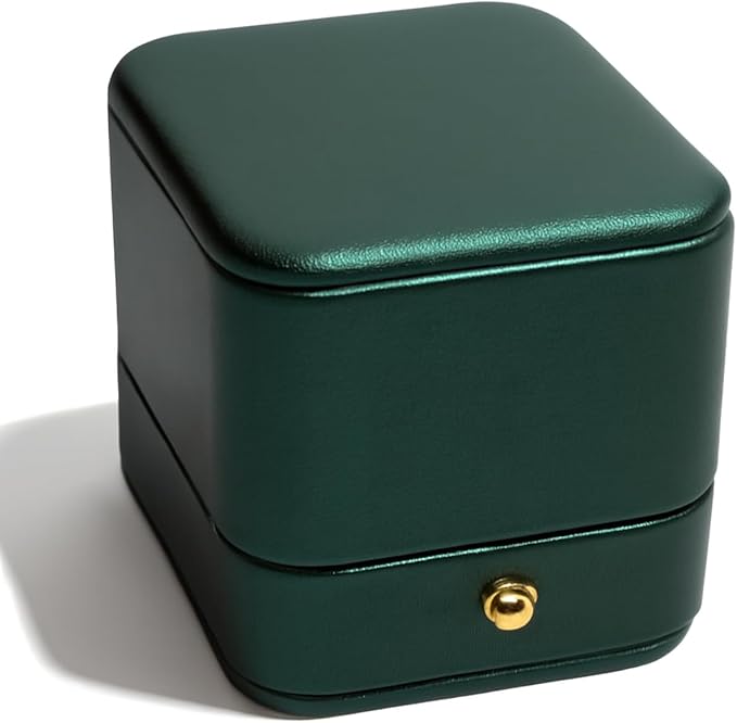 Ring Box Storage Premium Gorgeous Cherished Vintage Green Square Leather Velvet Ring Box Double Slots for Storage, Wedding Engagement, Jewelry Ring Bearer, Proposal, Ceremony, Anniversary,Gift