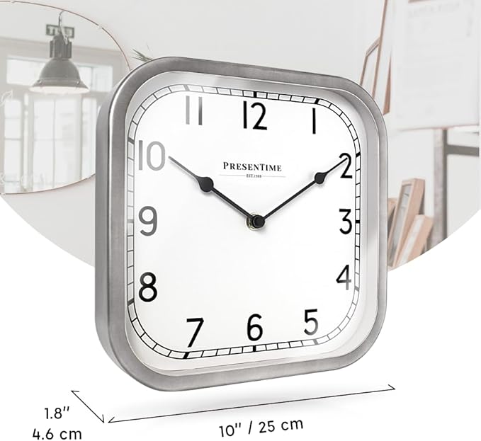 Presentime & Co 10" Anton Vintage Square Clock, Silent No Ticking, Wall & Mantel 2 in 1, Desk and Shelf Clock, Tabletop Décor, Modern Silver Color