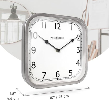 Presentime & Co 10" Anton Vintage Square Clock, Silent No Ticking, Wall & Mantel 2 in 1, Desk and Shelf Clock, Tabletop Décor, Modern Silver Color