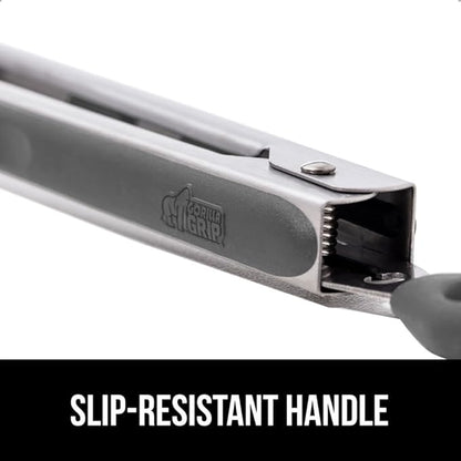 GORILLA GRIP Stainless Steel Heat Resistant Kitchen Tongs for Cooking, 9 + 12 Inch, Set of 2 BBQ Tong, Non Scratch Silicone Tip for Pan, Strong Grip, Grab Food, Toss Salad, Air Fryer, Pull Lock, Gray