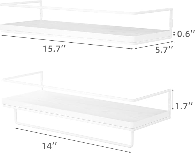 ZGO Floating Shelves With Towel Rack, Wall Mounted Storage for Bathroom, Kitchen, Bedroom, Set of 2 (White)