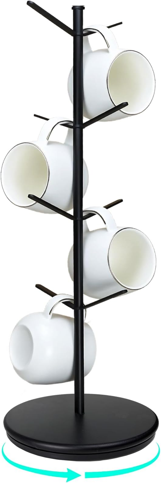 360° Rotating Mug Tree, Large 8 Hooks Upgraded Stable Metal Mug Holder, Bamboo Base Coffee Mug Cup Rack for Counter Top, Mug Display, Home Storage and Cup Organizer, Black