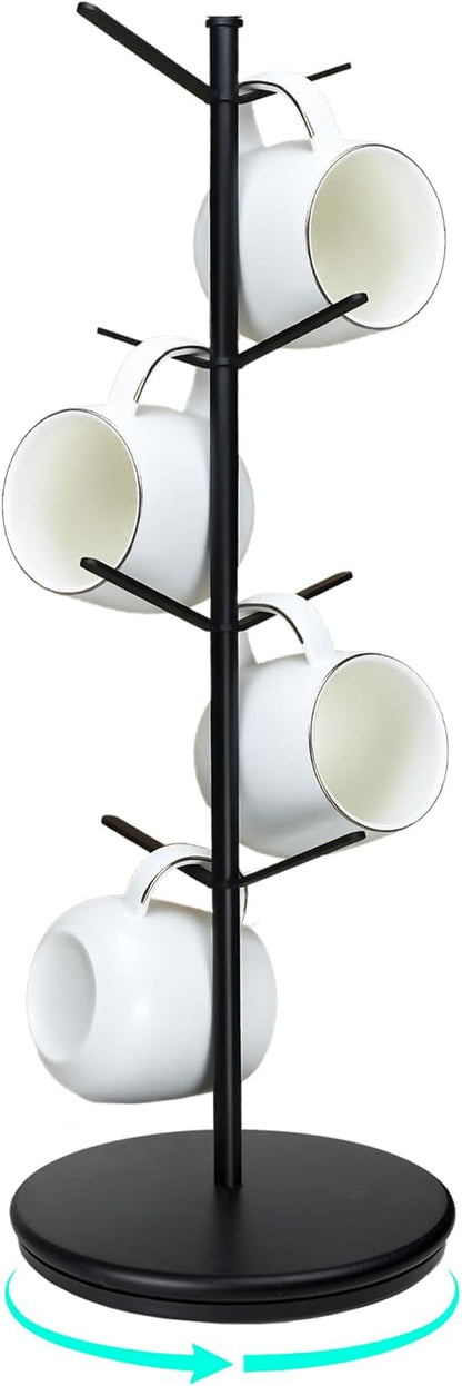 360° Rotating Mug Tree, Large 8 Hooks Upgraded Stable Metal Mug Holder, Bamboo Base Coffee Mug Cup Rack for Counter Top, Mug Display, Home Storage and Cup Organizer, Black