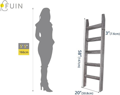 FUIN 5ft (58") Wood Blanket Ladder Living Room Decorative Wall Leaning Farmhouse Quilt Display Holder Rustic Wooden Towel Rack for Bathroom, Gray