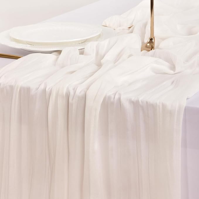 Socomi Ivory White Cheesecloth Table Runner Valentine's Day Boho Rustic Gauze 120 inch 10FT Cheese Cloth Runner for Wedding Party Baby Shower Birthday Home Decor Holiday Decorations