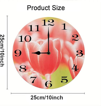 Pink Tulip Wall Clock 10 Inch Wooden Battery Operated Autumn Forest Maple Leaves Wall Clocks Decorative Indoor,Decorative for Kitchen Bathroom Bedroom