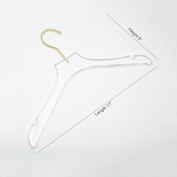 HomeCube USA Clear Acrylic Clothes Hanger with Gold Hooks – Heavy Duty Lucite Closet Organizer, Elegant & Sturdy for Shirts, Dresses, Coats, Suits & Boutique Use (10, Large 17")