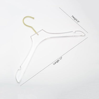 HomeCube USA Clear Acrylic Clothes Hanger with Gold Hooks – Heavy Duty Lucite Closet Organizer, Elegant & Sturdy for Shirts, Dresses, Coats, Suits & Boutique Use (10, Large 17")