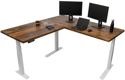 Stand Up Desk Store Reclaimed Wood Electric L-Shaped Corner Standing Desk with EZ Assemble Frame (White Frame/Natural Fir Top, 71" W x 71" D)