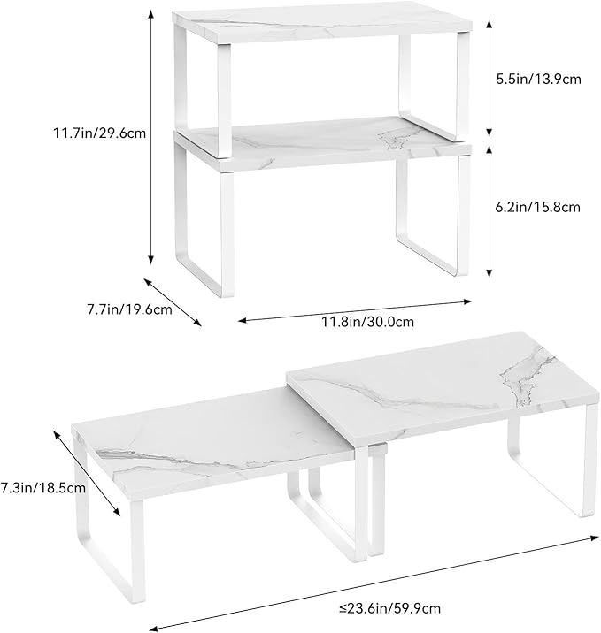 CADUKE Counter Shelf Set of 4 Kitchen Cabinet Shelf Organizer Stackable Expandable Countertop Shelf Organizer Spice Rack for Bathroom Pantry Racks,Metal and Engineered Wood, Marble White