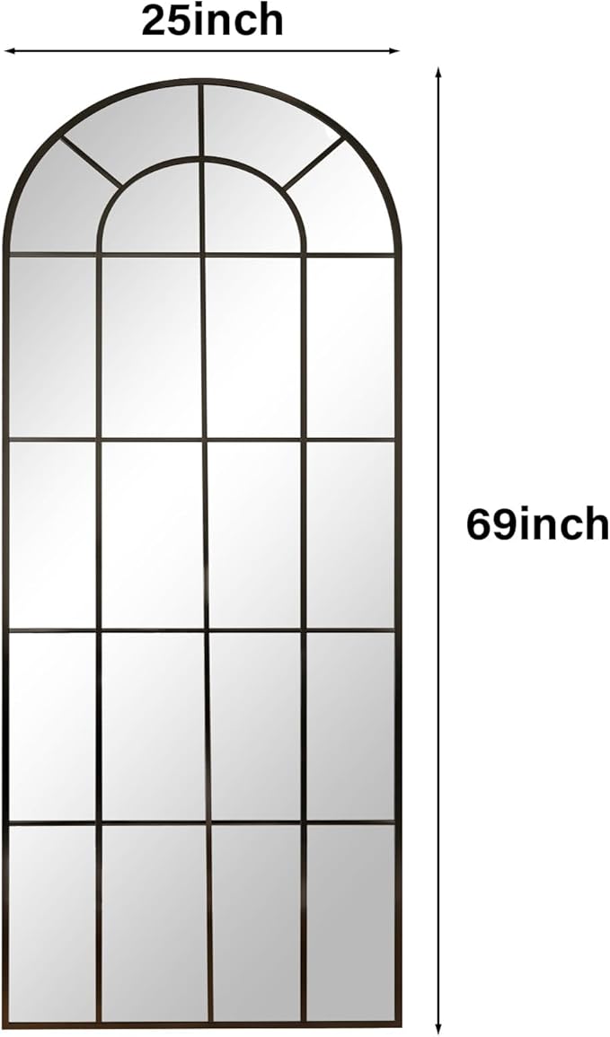 25"×69" Windowpane Arched Full Length Mirror, Grid-Designed Decorative Farmehouse Full Body Floor Mirror with Metal Frame Hanging Leaning for Entryway, Living Room, Home Decor, Black