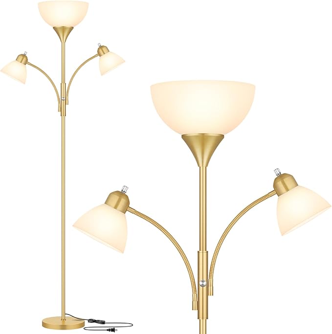 Floor Lamp for Living Room,72" Dimmable Torchiere Lamp with 2 Reading Lights for Bedroom, Gold Tall Standing Room Lamp, 3 Bulbs Included