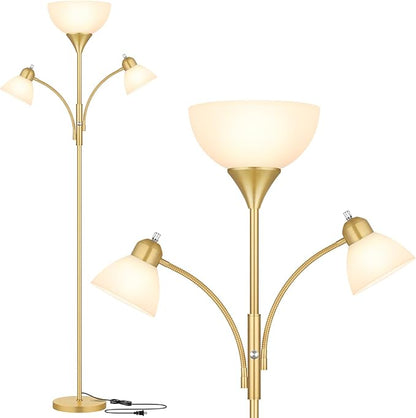 Floor Lamp for Living Room,72" Dimmable Torchiere Lamp with 2 Reading Lights for Bedroom, Gold Tall Standing Room Lamp, 3 Bulbs Included
