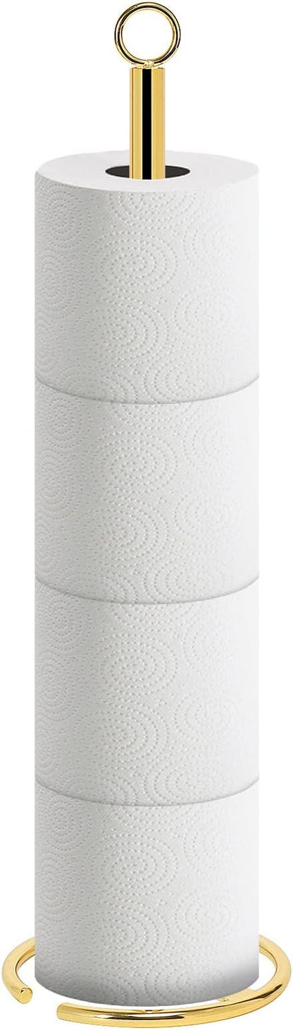 NearMoon Bath Toilet Paper Holder Stand, Freestanding Tissue Paper Storage with Reserve, Space Toilet 4 Rolls Holder for Bathroom/Kitchen Countertop-All Metal (1 Pack, Chrome Gold)