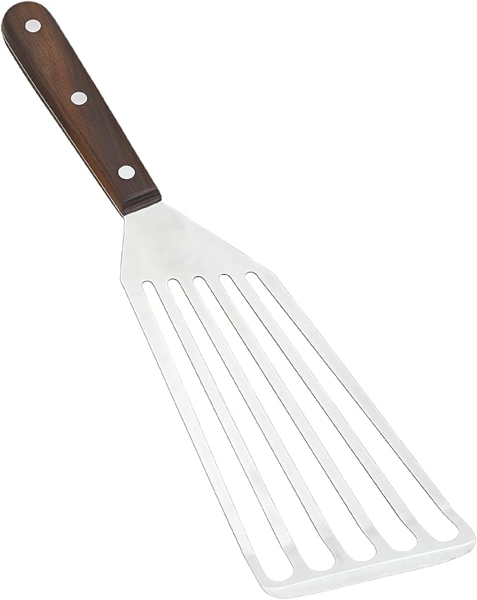 Fish Spatula Wide Slot, Premium Stainless Steel with Wood Handle for Flipping Fish, Eggs, Pancakes & Burgers (Large)