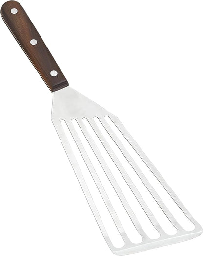 Fish Spatula Wide Slot, Premium Stainless Steel with Wood Handle for Flipping Fish, Eggs, Pancakes & Burgers (Large)