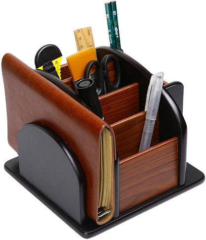 Siveit Wooden Desk Organizer, Desktop Office Supplies Storage Remote Control Caddy Holder (6-Compartment)