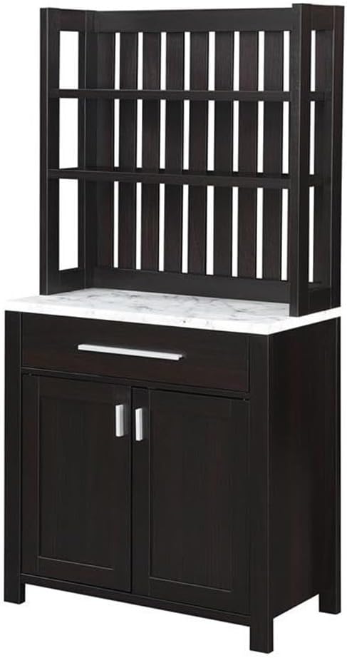 Pemberly Row Wine Bar w/Cabinet in Espresso Wood w/White Faux Marble Top