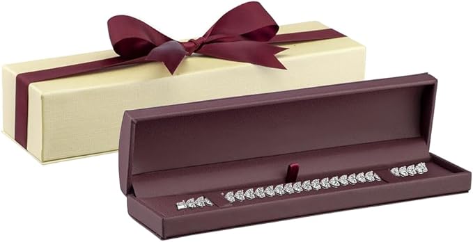 Dome-Shape Leather Bracelet Box for Women & Men – Jewelry Gift Box Ideal for Bracelet Case, Necklace, Chain – Bracelet/Necklace Box with Cream Ribbed Outer Box & Matching Bow Ribbon