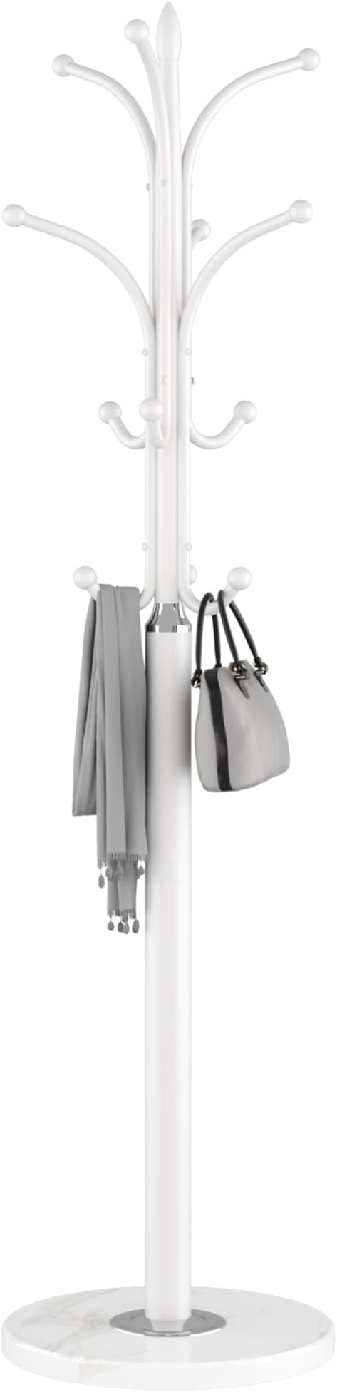 HOMEFORT Coat Rack Stand, Freestanding Coat Tree with Natural Marble Base, Metal Hall Tree with 12 Hooks for Hanging Hat, Clothes, Bag, Entryway Storage Organizer, White