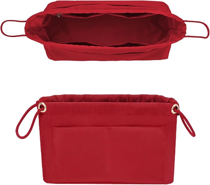 GIVLEFLY Purse Organizer Insert with Multiple Pockets, Drawstring Satin Tote Bag Organizer,Light Weight Purse Liner with Zipper Pocket (Medium,Red) Fit for Longchamp,Neverful Small Size and More