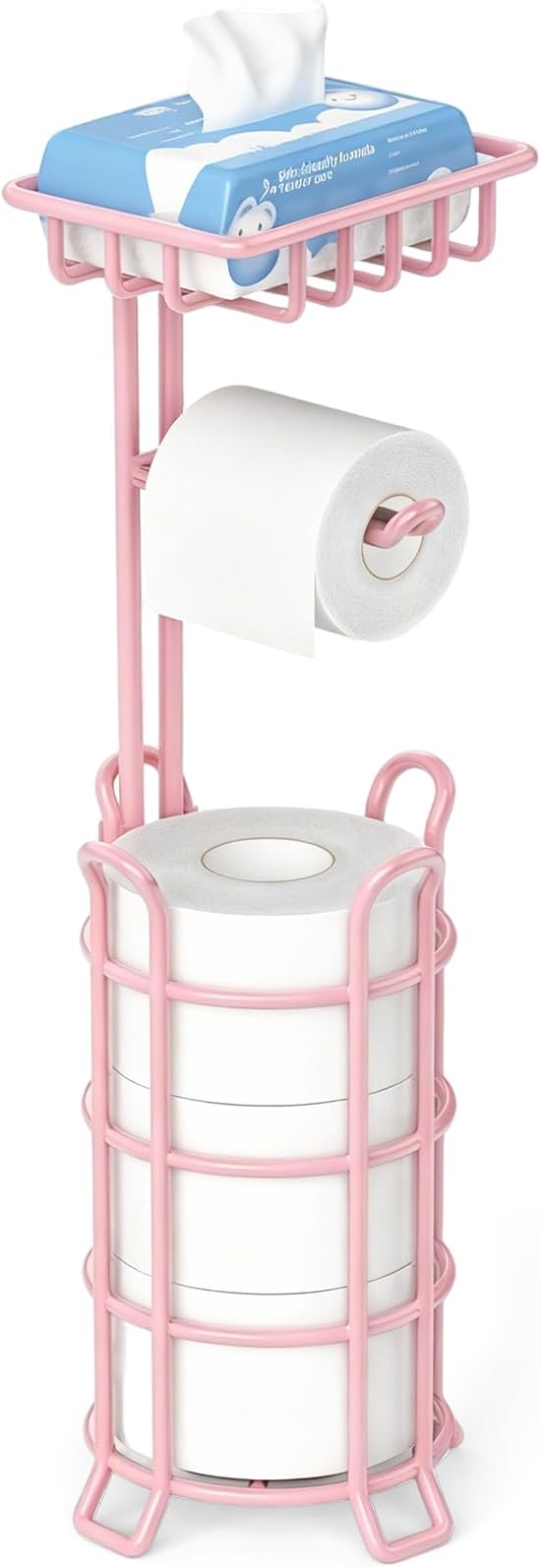 TomCare Toilet Paper Holder Stand with Storage Shelf Tissue Paper Roll Dispenser Free Standing 4 Raised Feet Toilet Paper Storage Metal Bathroom Organizers and Storage, Pink