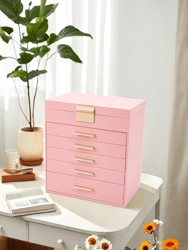 BOOVO Jewelry Boxes for Women, White and Black 6 Layer Large Jewelry Box for Necklace, Bracelet, Earrings, Rings Storage, Jewelry holder Organizer for Girls Gift (Pink, 6 layer)