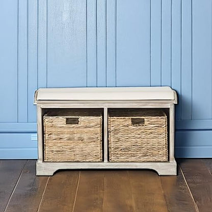 SAFAVIEH Home Collection – Freddy White Wash Storage Bench with Wicker Baskets & Cushion, Entryway Seating Bench, Fully Assembled (AMH5736G)