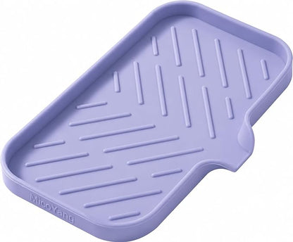 MicoYang Silicone Soap Dish with Drain Spout — Self-Draining Sink Organizer Tray for Bathroom & Kitchen, Sponges, Dispensers & Soap Holder, Non-Slip & Dishwasher Safe, Light Purple (Medium, 9.6"×5.3")