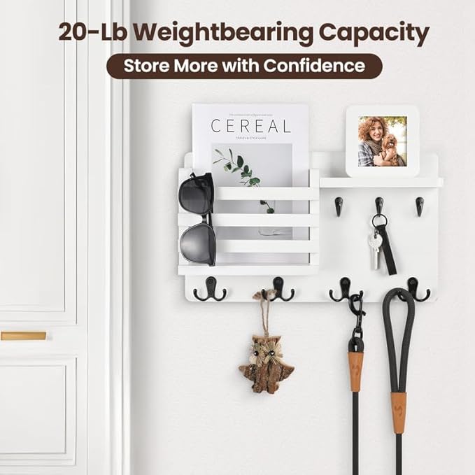 Nekon Mail Holder for Wall Mail Organizer with Key Hooks Hallway Farmhouse Decor Storage Racks with Floating Shelf and Flush Mount Hardware (16.8Inch x 10Inch x 3.2Inch)