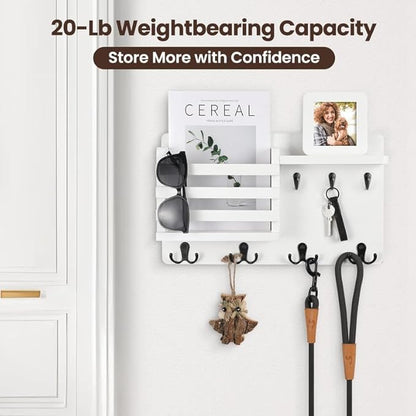 Nekon Mail Holder for Wall Mail Organizer with Key Hooks Hallway Farmhouse Decor Storage Racks with Floating Shelf and Flush Mount Hardware (16.8Inch x 10Inch x 3.2Inch)