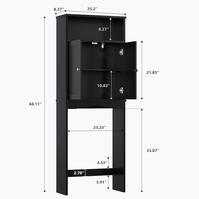 Over The Toilet Storage Cabinet, Over Toilet Bathroom Organizer with Adjustable Shelf and Double Door, Over The Toilet Cabinet for Bathroom Storage Over The Toilet Bathroom Organizer, Black