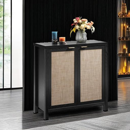 SICOTAS Rattan Sideboard Buffet Storage Cabinet - Boho Credenza Coffee Bar Cabinet with Large Storage, Buffet Console Table for Kitchen Living Room Entryway - Black