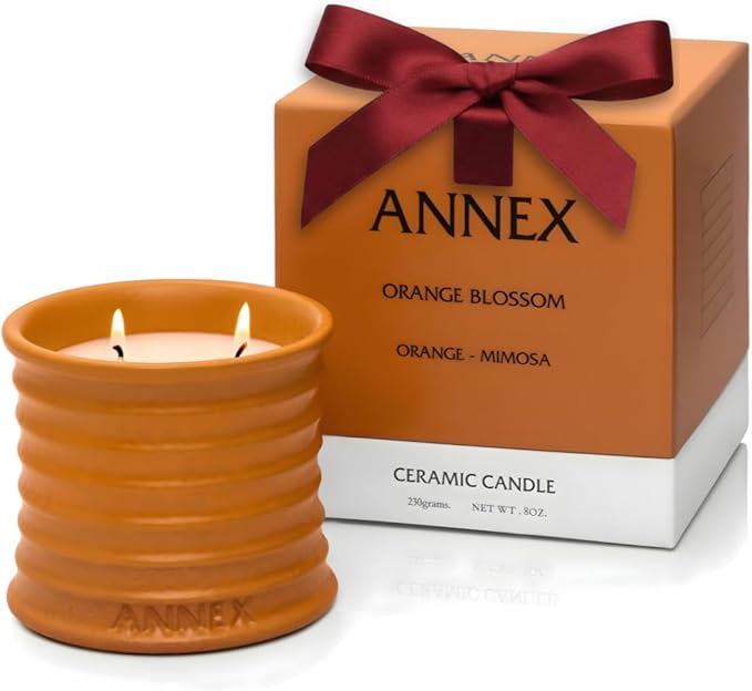 Annex Orange & Mimosa Luxury Scented Candle - Handmade Ceramic Jar - 50hr Clean Burn, Non-Toxic Soy Wax - Aesthetic Home Decor Winter Gift for Women & Men - Energizing Citrus