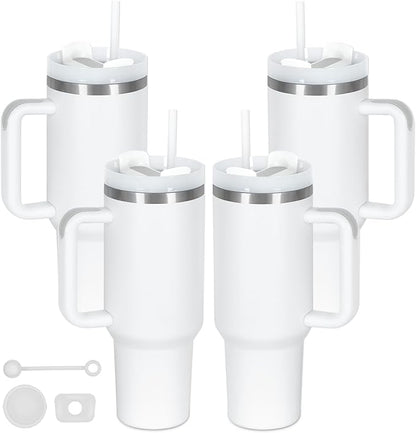 4 Pack 40 Oz Tumbler with Handle Bulk, Double Wall Vacuum Insulated Stainless Steel Tumbler with Lid and Straw, 40 oz cup with Silicone Spill Proof Stopper Set (White)