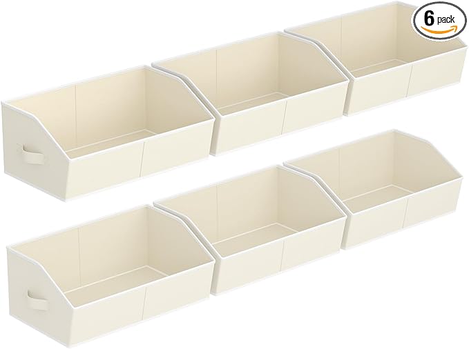 Homsorout Storage Bins for Shelves - Large Trapezoid Closet Shelf Organizer, Fabric Organization Bins with Handles, Storage Baskets for Clothes, Towel, Purse, 6 Pack, Beige