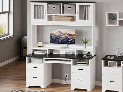 Bestier 77.8" H Executive Desk with Hutch, Modern Wood Computer Desk with Drawers, Charging Station, LED Light, Fluted Storage Cabinet, Keyboard Tray, 59" W Office Desk for Home Office, White
