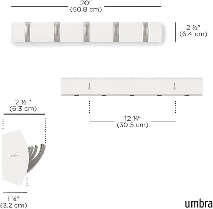 Umbra Flip Wall-Mounted Coat Rack with 5 Hooks – Modern, Space-Saving Storage for Hats, Jackets, Bags, Entryway, Mudroom, Closet, Bathroom, Bedroom – White/Nickel
