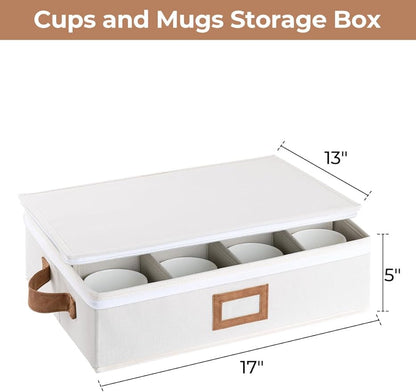 StorageWorks China Storage Container, Stackable Mug Storage Box with Dividers, Stemware Storage Cases, Hard Shell China Cup Organizer, Holds 12 Tea Cups and Coffee Mug, 1 Pack, Beige