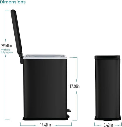 Home Zone Living 4 Gallon Slim Kitchen Trash Can with Soft Close Lid and Step Pedal, Matte Black Stainless Steel Wastebasket with Removable Bucket