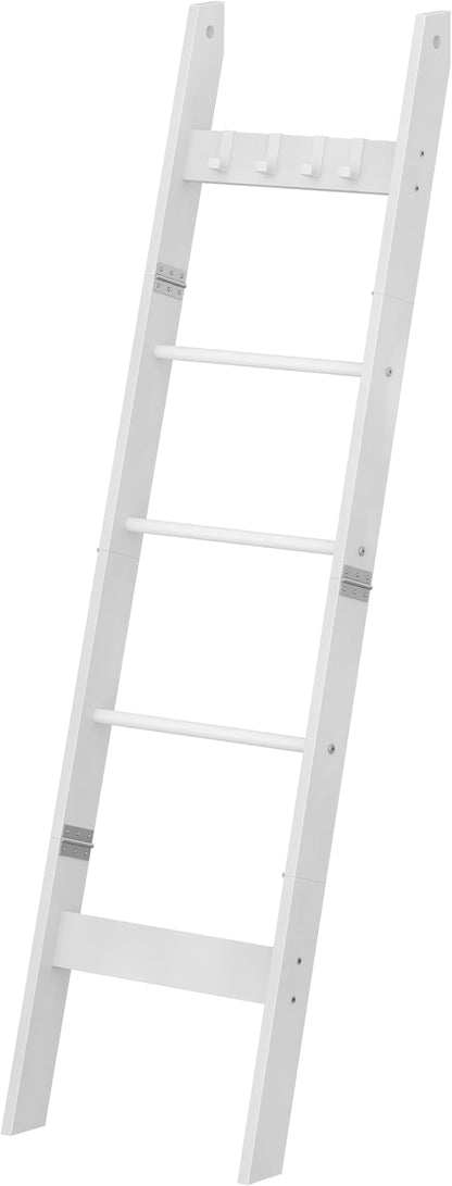 Hzuaneri Blanket Ladder for Living Room, Decorative Quilt Rack with 4 Removable Hooks, 5-Tier Farmhouse Ladder Holder Shelf Organizer for Bedroom, White BR02113W